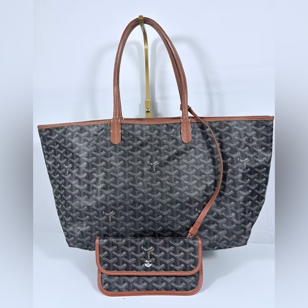 Authentic Goyard Goyardine Saint Louis PM Black Brown Shoulder Tote Bag & Pouch